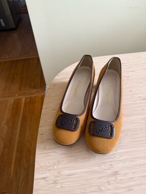 Salvatore Ferragamo Mustard Suede Ballet heels/wedges with Brown Trim